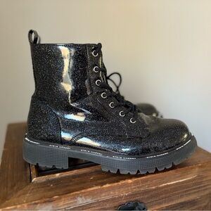 Madden Girl Black Sparkle Glitter Girls Combat Boots Lace Up Zipper Size 3